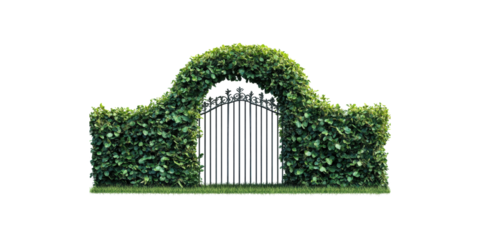 Ornate metal garden gate with green hedge isolated on transparent background