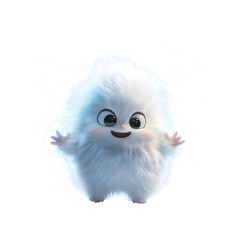Fluffy 3D Cartoon Character Waving Small White Bird with Big Eyes Isolated on Transparent Background