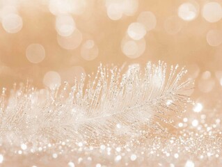 Dew-kissed feather on glitter, bokeh background, holiday card