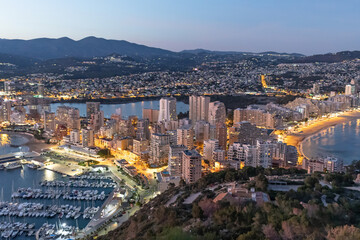 Panoramic of Calpe with night lighting. Alicante