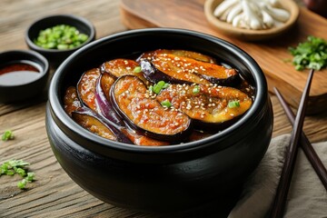 Fototapeta premium Gaji Namul a Korean side dish of steamed eggplant presented in a black bowl atop a wooden table accompanied by soy sauce chopsticks and ingredients on a cutting