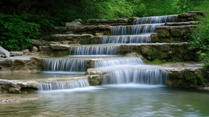 Obraz premium Cascading Waterfall in a Lush Green Forest Setting