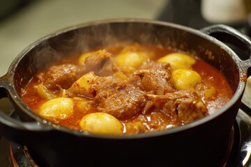 Gamjatang a Korean spicy stew with pork bones served steaming with sides