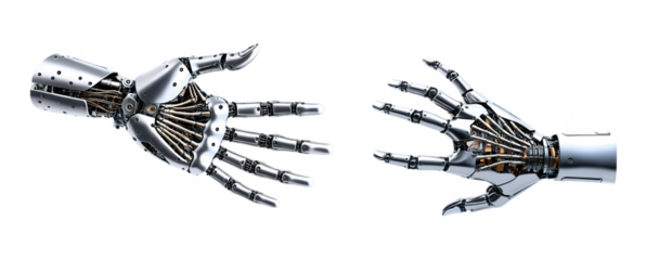 Two sleek, futuristic robotic hands with metallic fingers and intricate joint details, depicting technology helping technology, set against a transparent background