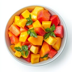 A bowl of tropical fruit salad with mango and papaya chunks, isolated white background, minimalist art style