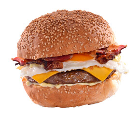 Bacon egg hamburger isolated on transparent layered background.