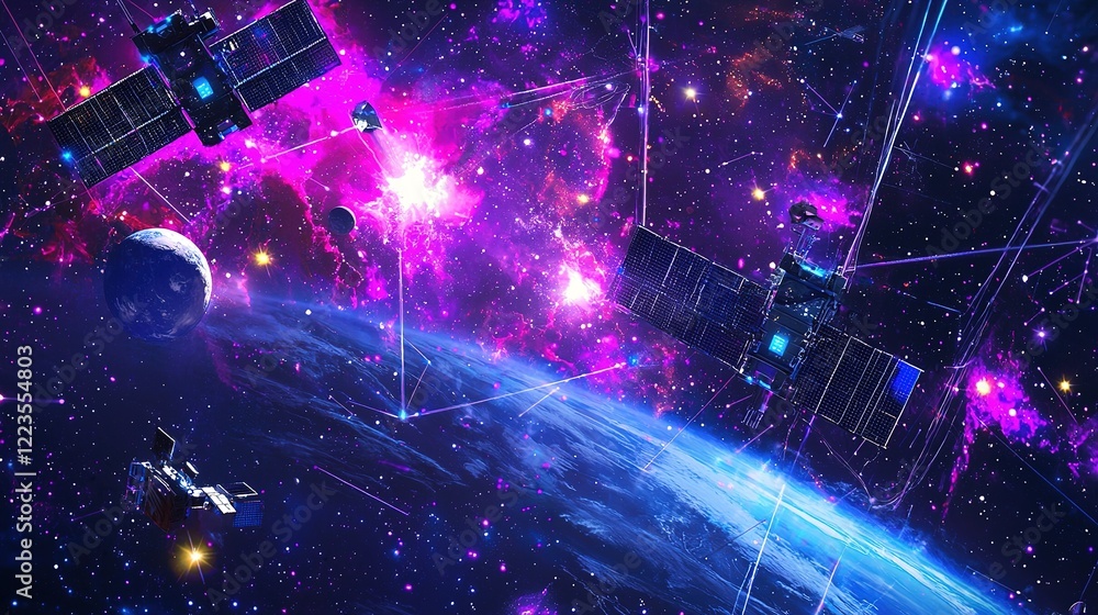 Poster exploring quantum systems in space satellite visualization over earth science fiction cosmic environ