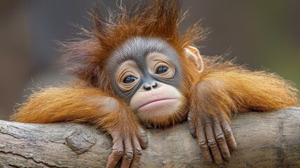 Fototapeta premium Adorable baby orangutan resting on tree branch in natural habitat