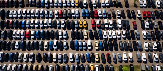Obraz premium Aerial View of a Massive Car Park: Rows of Vehicles in a Organized Parking Lot
