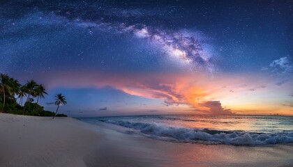 부드러운 파도가 흰색 모래사장을 적시는 푸른빛 석양