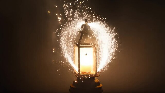 Dolly out spotlight video, camera dollies out to reveal a sparkling heart materializing from a single glowing lantern in the darkness, the light casts long shadows