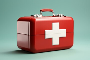Obraz premium Red first aid kit closed and waiting for an emergency on a teal background