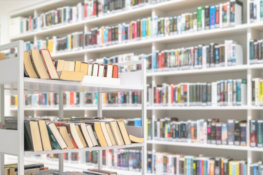 A library shelf holds various books in multiple colors and sizes, rows of organized books in background