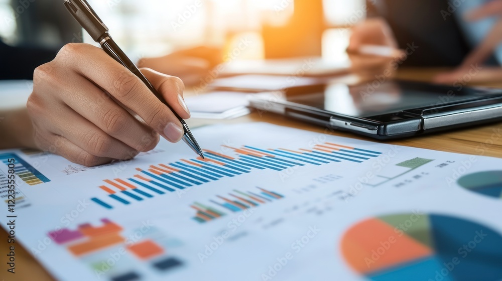 Poster analyzing business charts data with a pen