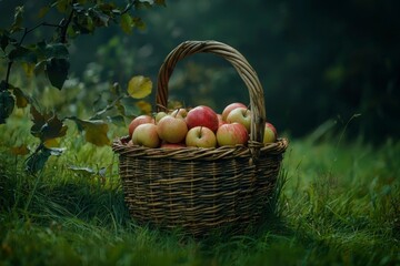 A wicker basket filled with ripe red and green apples sits in the grass