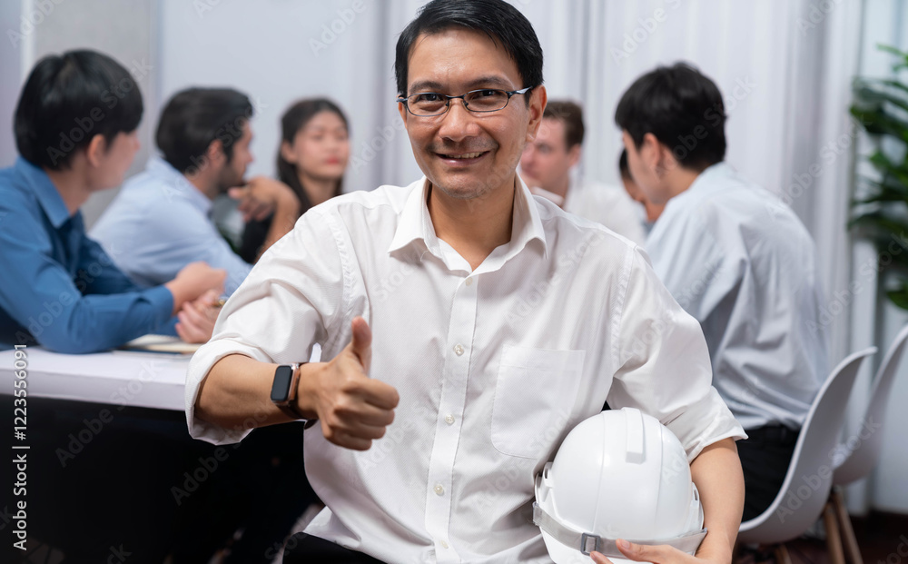 Poster engineer team leader portrait with diverse group of civil engineer and client working together on ar