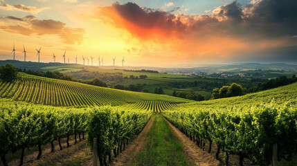 Fototapeta premium Expansive Field of Wind Turbines Spinning Under a Dramatic Sky with Energy Market Graphs Highlighting the Global Rise in Renewable Energy Prices
