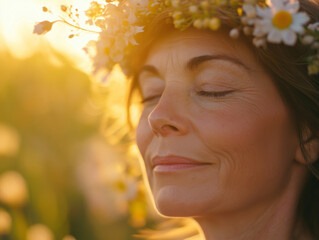 Fototapeta premium Woman with floral crown smiling in golden sunset outdoors.
