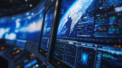 A high-resolution satellite imaging control center, technological scene with satellite imagery and control panels, Space-tech style