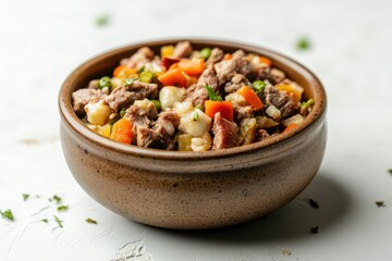Raw dog food in a brown bowl on a white floor with a dog s paws nearby BARF diet includes meat beef tripe gizzard egg veggies and supplements Close up view