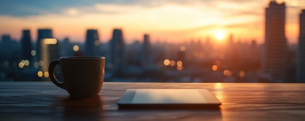 Sunrise Cityscape with Coffee and Tablet