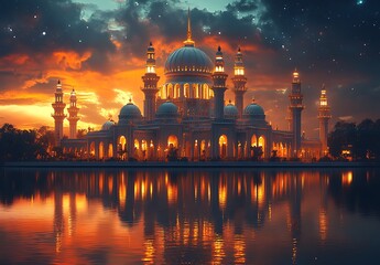 Twilight Reflections of an Illuminated Fantasy Palace

