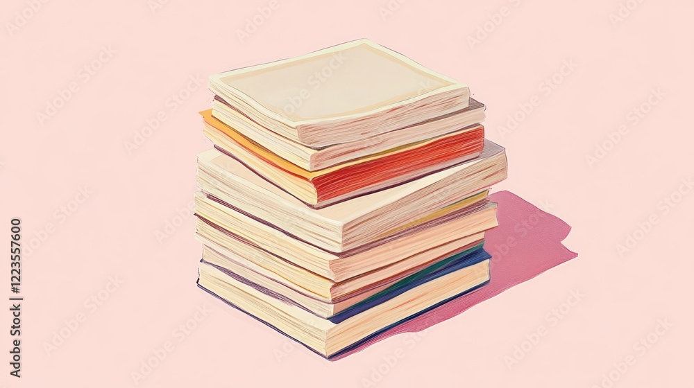 Poster a stack of books resting on a pink surface