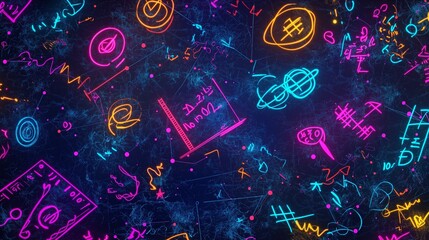 A dynamic and seamless pattern of mathematical symbols and formulas with vibrant neon colors on a dark background.