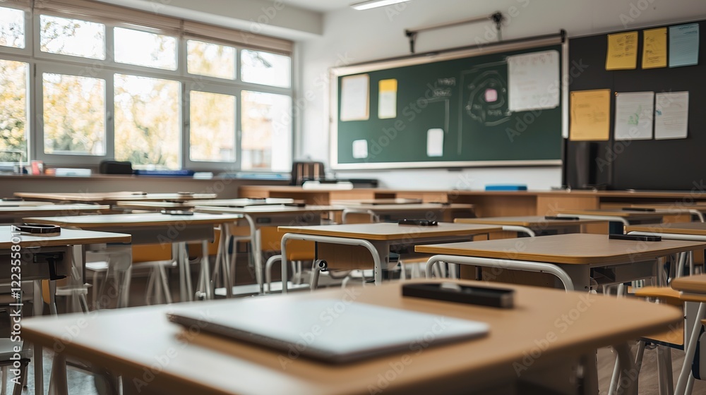 Poster interactive learning experience in a modern classroom with smart desks and boards