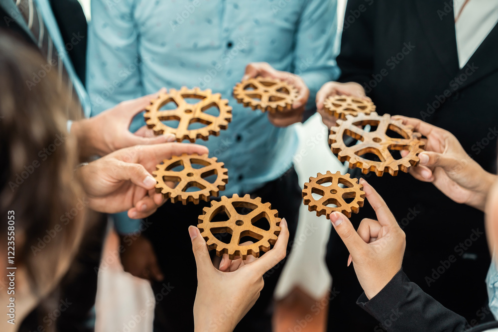 Poster group of multiracial business people joining gear wheels together as effective unity and productive 
