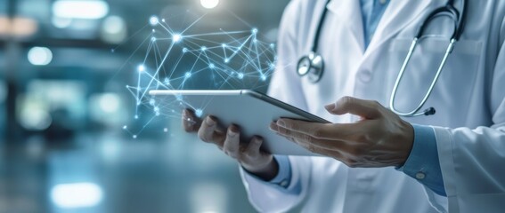 Obraz premium Doctor's Tablet: Digital Healthcare Network Visualization