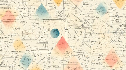Obraz premium A repeating design of handwritten algebraic equations and geometric proofs, arranged in a symmetrical pattern.