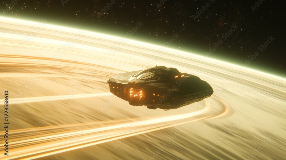 Aufkleber spaceship soaring through cosmic rings of light