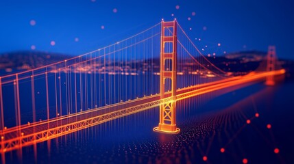 Golden Gate Bridge with Vibrant Orange Light Patterns and Digital Glow Over a Tranquil Blue Evening Sky and Water