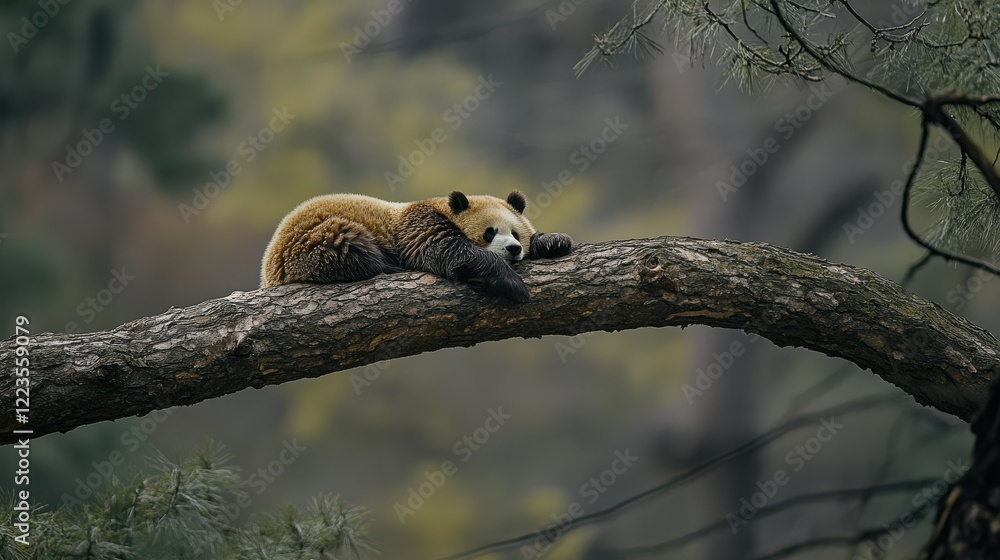 Poster lazy panda bear resting on tree branch in misty forest