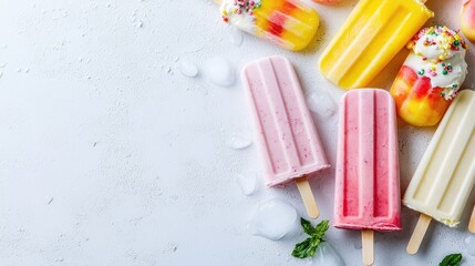 Colorful fruit popsicles on a light background, perfect for summer recipes or food blogs