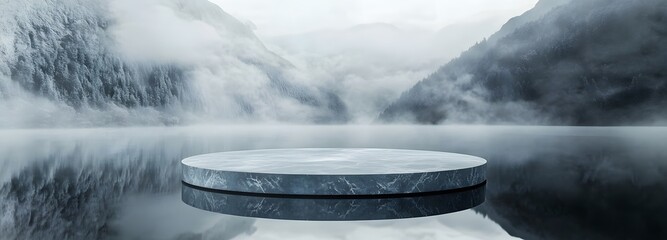A podium with an intricate, crystalline surface, floating above a reflective lake with mist curling up from the water's surface