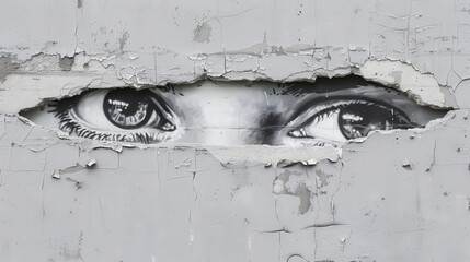 Textured Grey Wall Reveals Hidden Graffiti Art With Captivating Eyes Peeking Through the Peeling Layers