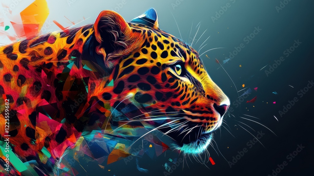 Poster vibrant abstract leopard portrait with colorful geometric patterns
