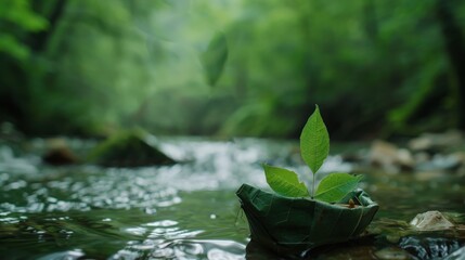 Naklejka premium Tiny Boat Made of Leaves and Twigs Floats Gently on a Serene Forest Stream, Highlighting Nature's Beauty and Exploration