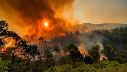 산불이 숲을 태우며 번지는 장면, 하늘은 붉은색과 검은색으로 물들어 있고, 연기가 공중에 가득함