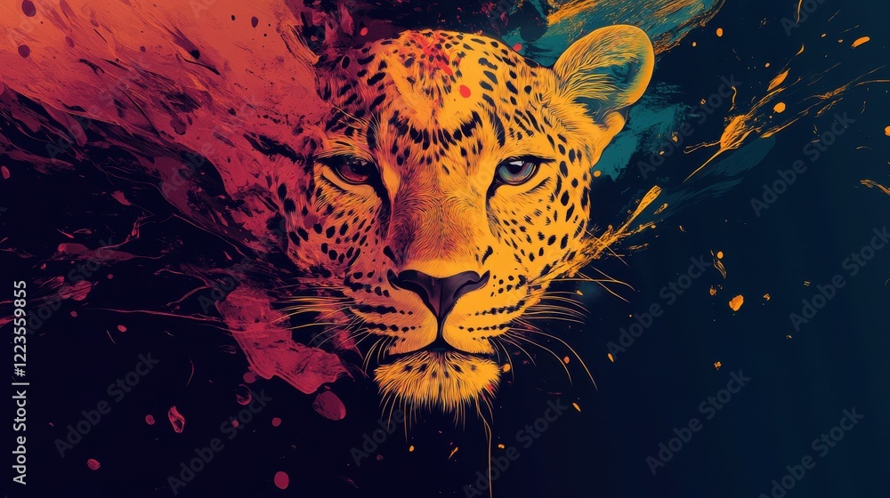 Poster vibrant abstract art of a leopard with colorful splashes on dark background