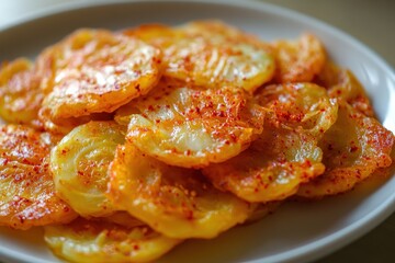 Detailed view of fried radish kimchi with chili powder on a round white plate South Korea
