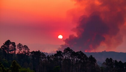 Fototapeta premium 산불이 숲을 태우며 번지는 장면, 하늘은 붉은색과 검은색으로 물들어 있고, 연기가 공중에 가득함