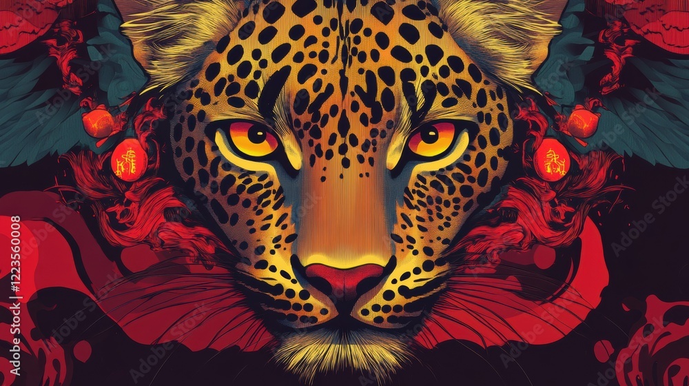 Poster vibrant leopard with abstract patterns and red accents in digital art