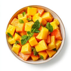 A bowl of tropical fruit salad with mango and papaya chunks, isolated white background, minimalist art style