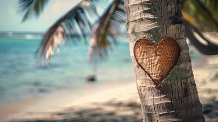 Palm Tree Trunk With Heart Carving Showcasing Love and Nature Connection in a Tropical Beach Setting