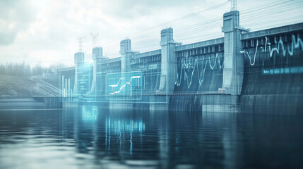 Expansive Hydropower Dam Surrounded by Water with Blurred Oil Price Charts Highlighting the Impact of Global Energy Market Changes on Fossil Fuel and Renewable Energy Pricing