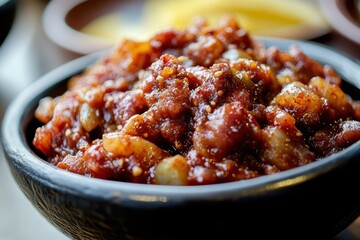 Detailed view of quince tea in a glass alongside a yellow quince and sliced pieces on a wooden cutting board over a white floor South Korea