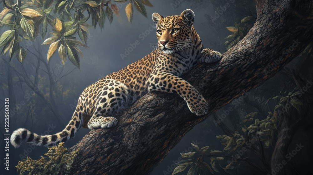 Poster Majestic leopard resting on tree in lush jungle setting